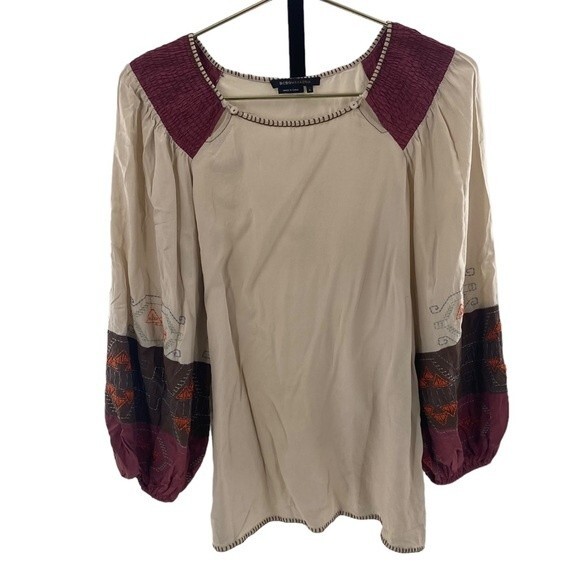 BCBG Max Azria Size S 100% Silk Southwestern Embroidered Oversized Sleeve Blouse - Picture 1 of 8